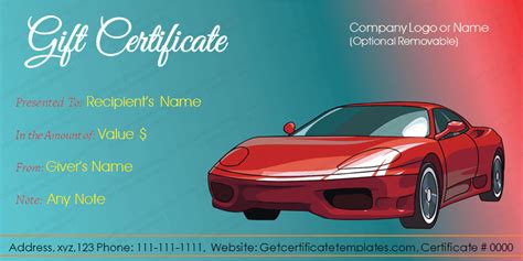 car deal gift certificate template  word