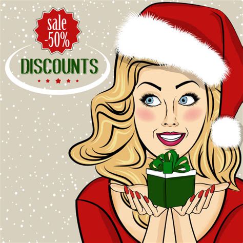 best happy woman in santa hat christmas shopping illustrations royalty