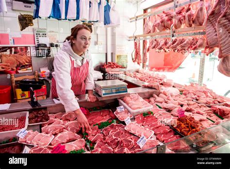 scene   local butcher shop stock photo alamy