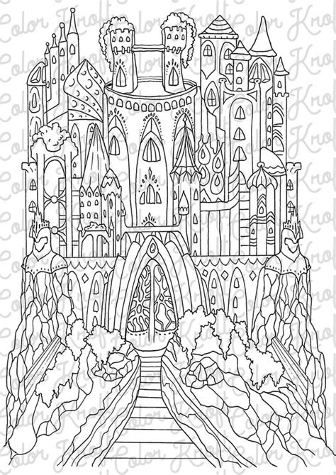 fairy castle printable coloring page digital  color etsy