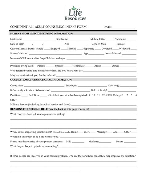 counseling client printable counselling intake form template