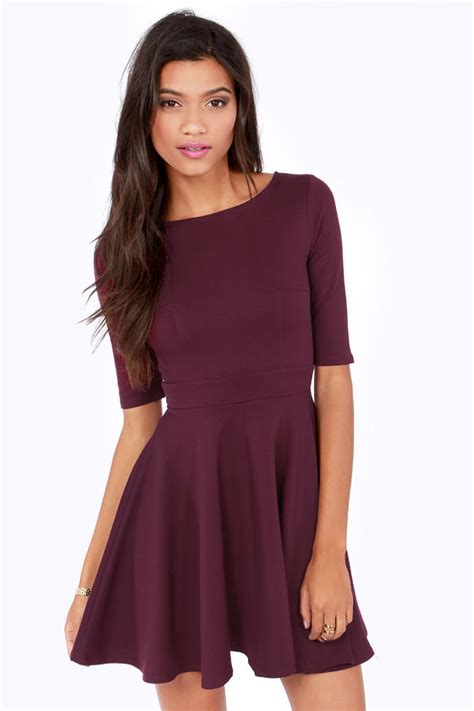 cute burgundy dress skater dress dress  sleeves