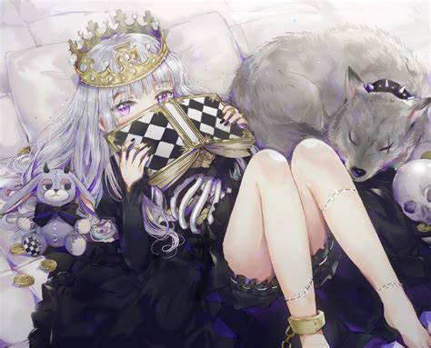 Wallpaper Anime Girl Tiara Lying Down Gray Hair Book