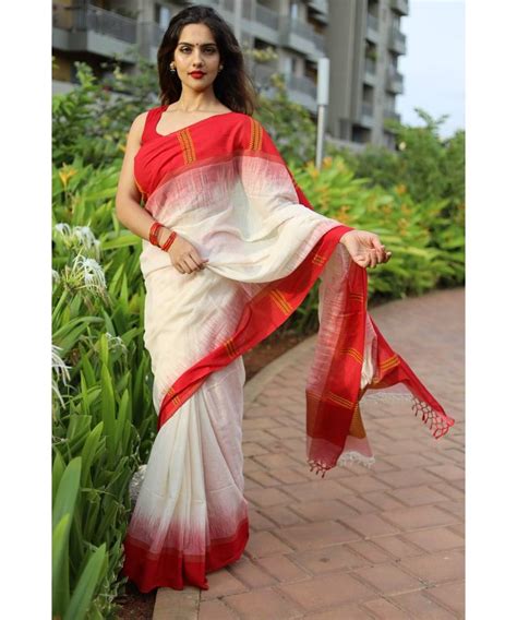 classic khadi cotton saree in bengali style with white body and red