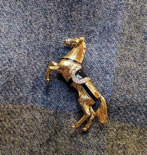 vintage equestrian pin rearing horse gold rhinestones black enamel