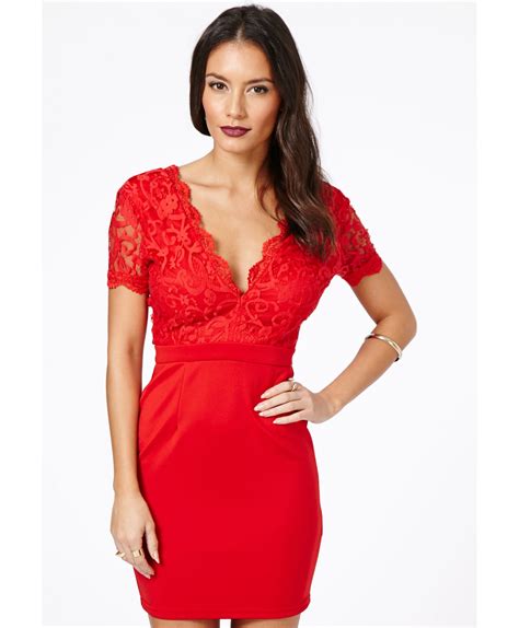 Missguided Risuka Red V Neck Lace Mini Dress In Red Lyst