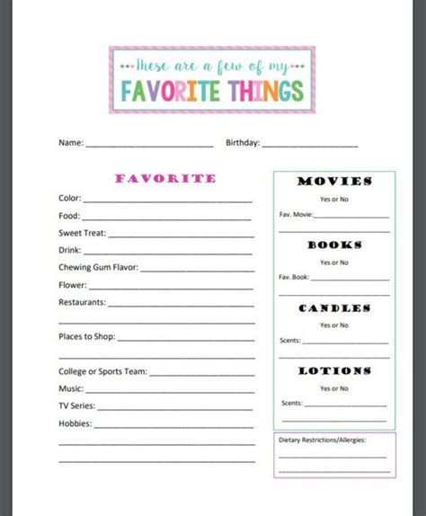 printable favorite  form favorite  list teacher favorite