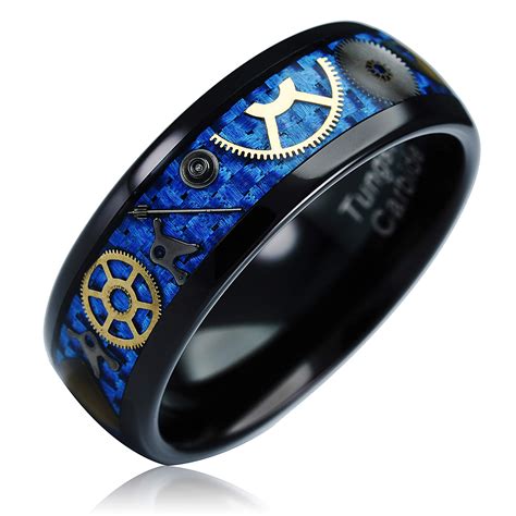 jewelry black tungsten ring  men  gear blue carbon fiber inlaid wedding band