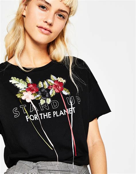 textured  shirt  floral embroidery discover     items  bershka