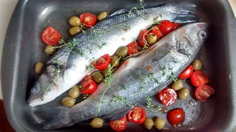 Roasted Branzino Sea Bass With Cherry Tomatoes And Olives Cherry