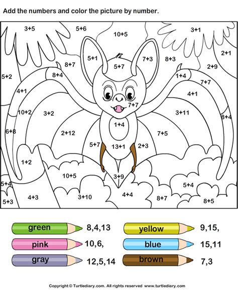 color  adding numbers turtlediarycom addition coloring worksheet