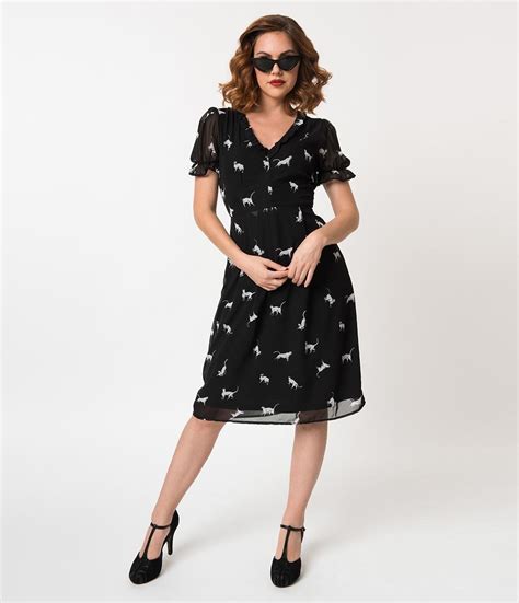 1940s style black modern icon cat print chiffon midi dress unique