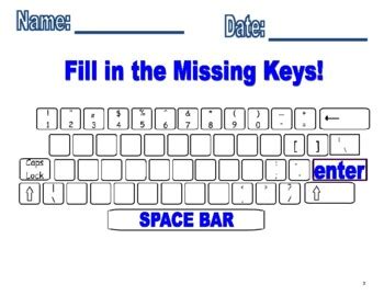 computer keyboard printout  fill  missing keys worksheets tpt