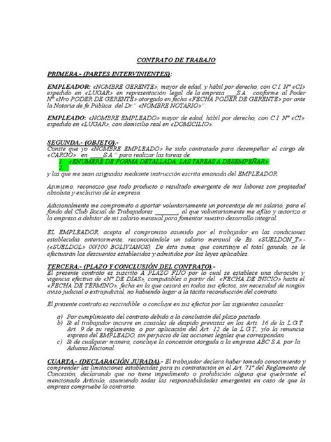 Modelo Contrato De Trabajo Plazo Fijo Bolivia Salario Información