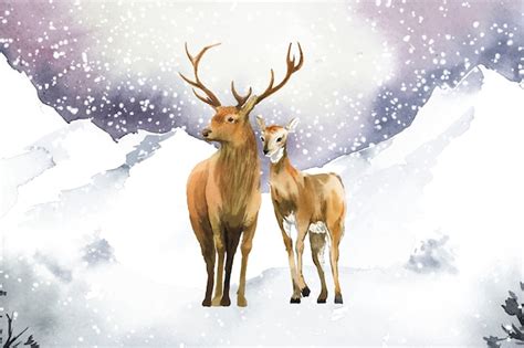 hand drawn pair  deer   winter landscape  vector