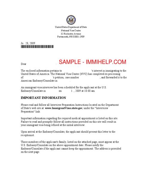 sample interview appointment letter nvc   immigrant visa