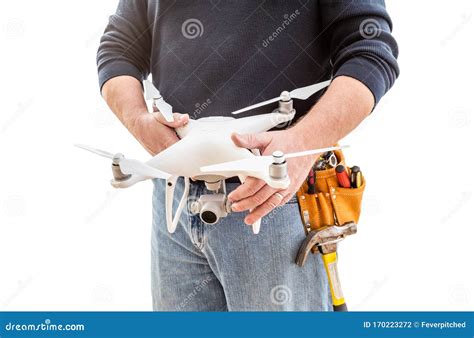 construction worker  drone pilot  toolbelt holding drone isolated  white background
