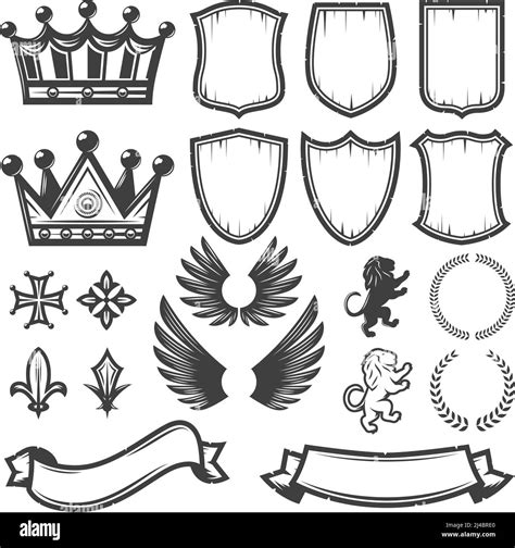 Vintage Monochrome Heraldic Elements Collection With Crowns Shields
