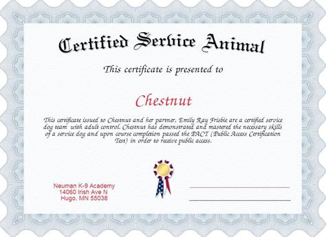 service dog certificate template  professional templates