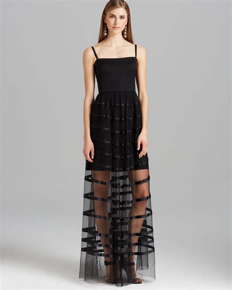 vera wang gown spaghetti strap sheer skirt in black lyst