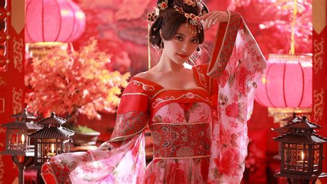 壁紙 中国の女の子、赤いドレス、唐王朝の衣装 1920x1200 hd 無料