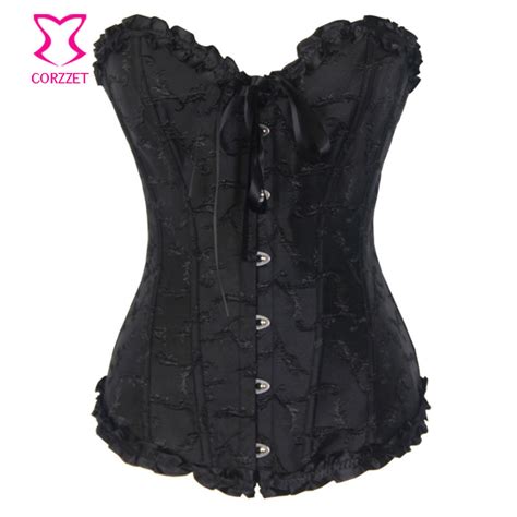 black embroidery lace up corset top sexy corselet overbust push up