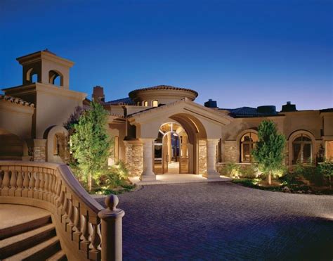 architecture single story tuscan luxury home plan  front yard garden  drive  building