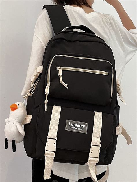 black preppy nylon letter functional backpack women bags black school