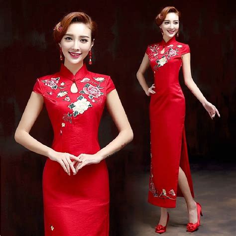 embroidery flower cheongsam dresses satin oriental dresses beautiful