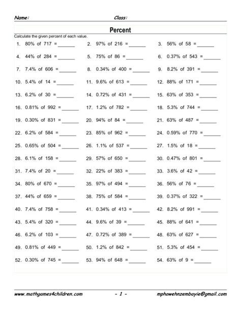 percentage maths worksheets calculate  percent numbers