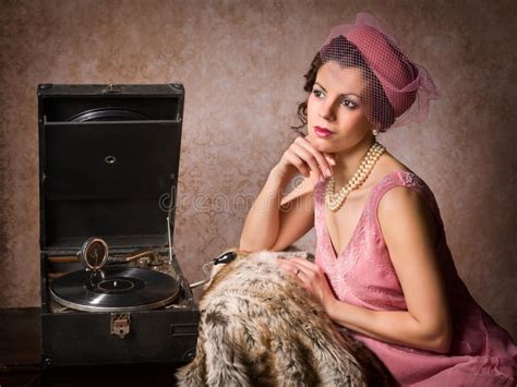 Vintage Woman And Record Player Stock Image Image Of