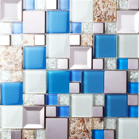 Blue Glass Mosaic Tiles Crackle Glass Tile Kitchen Wall Tv