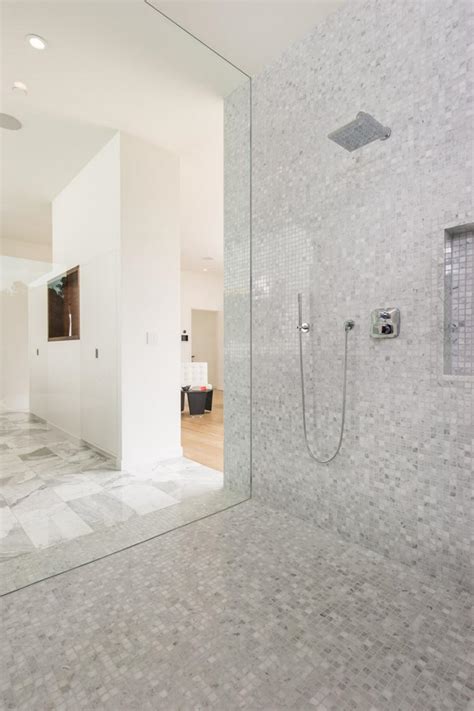shower room  gray  white tile  modern master en suite hgtv