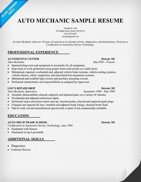 auto mechanic resume sample zm sample resumes