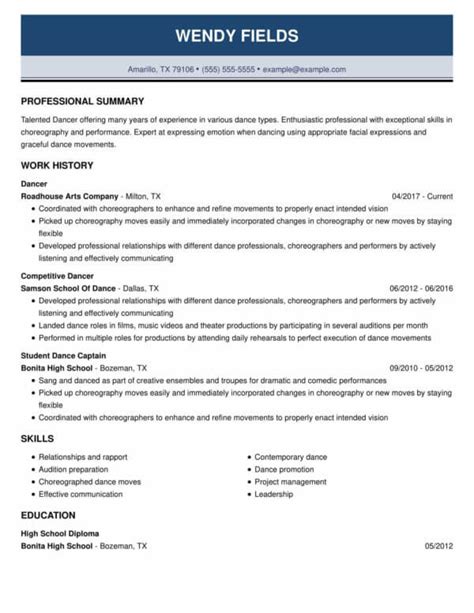 professional dance resume examples   livecareer