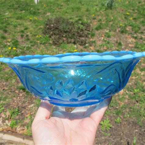 Antique Fenton Waterlily And Cattails Blue Opalescent Glass