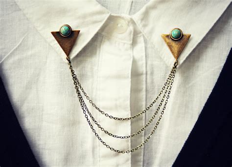 triangle collar pins  turquoise stones collar chain