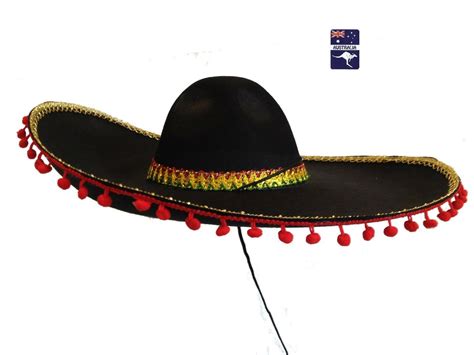 Black Mexican Sombrero Hat Gold Trims Pom Poms Letz Party