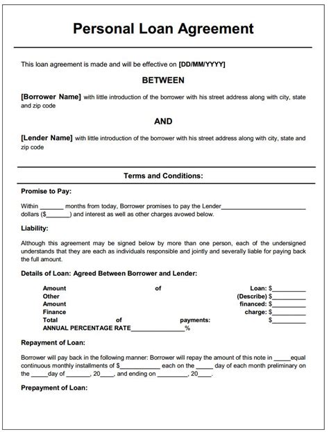 private loan agreement template   printable  blank loan