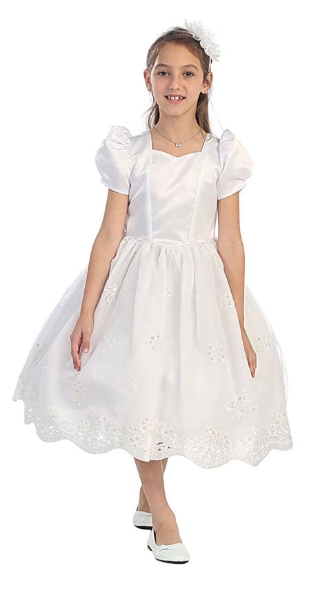 cb 0304 girls dress style 0304 white short sleeve satin and embroidered dress all first