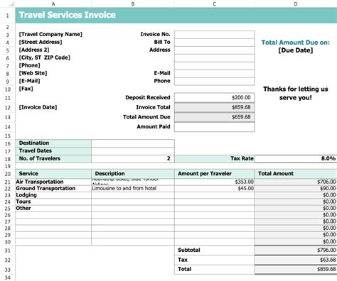travel service invoice template visual paradigm tabular