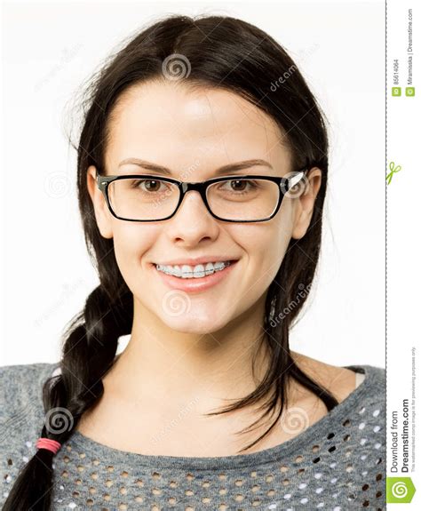 Nerd Girl In Glasses And Brackets On Teeth Positive