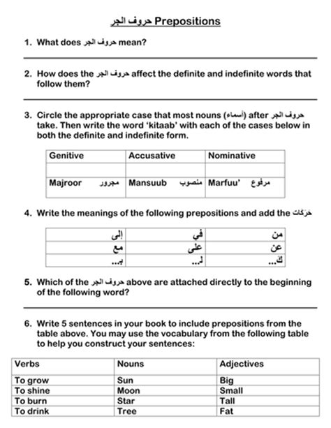arabic prepositions worksheet  saymashahid teaching resources tes