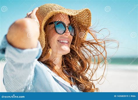 Mature Woman With Beach Hat And Sunglasses Stock Image Image Of