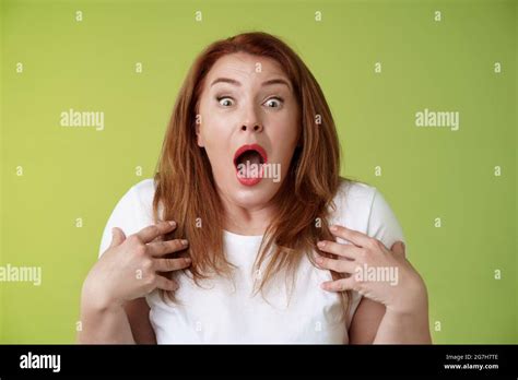 Shocked Panicking Redhead Middle Aged Woman Gasping Drop Jaw Open Mouth