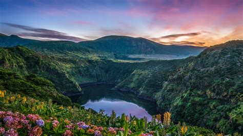 portugal azores flower lake mountain  blue  purple cloudy sky