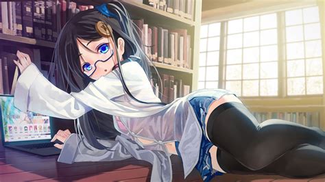 Wallpaper Anime Girls Glasses Stockings Black Hair