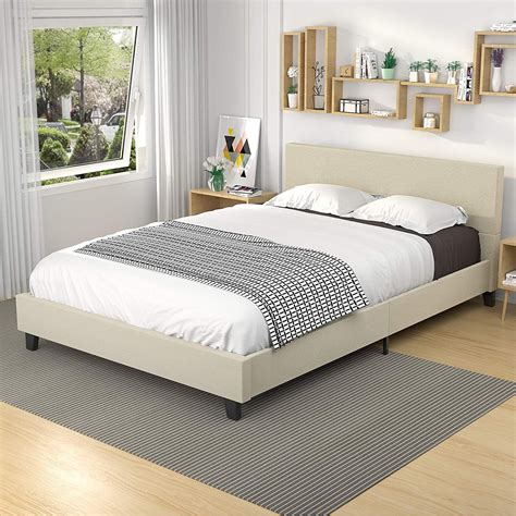 mecor upholstered linen full size platform bed metal frame mattress foundation  wooden