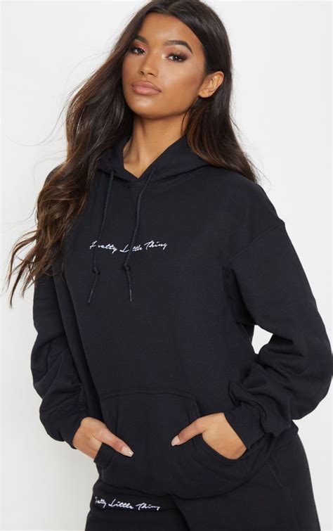 prettylittlething black embroidered oversized hoodie   wear hoodies oversize hoodie hoodies