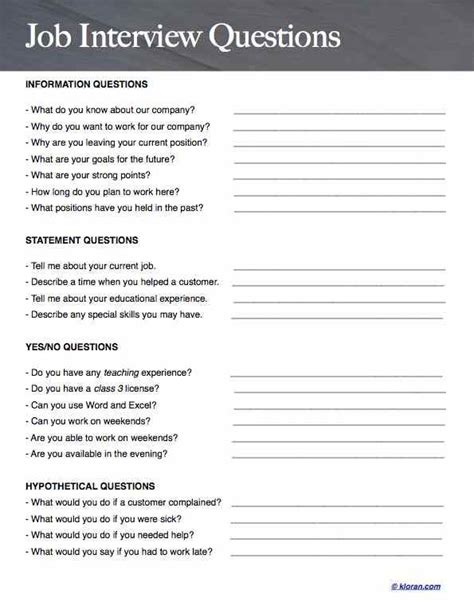 printable employer interview questions template templates printable